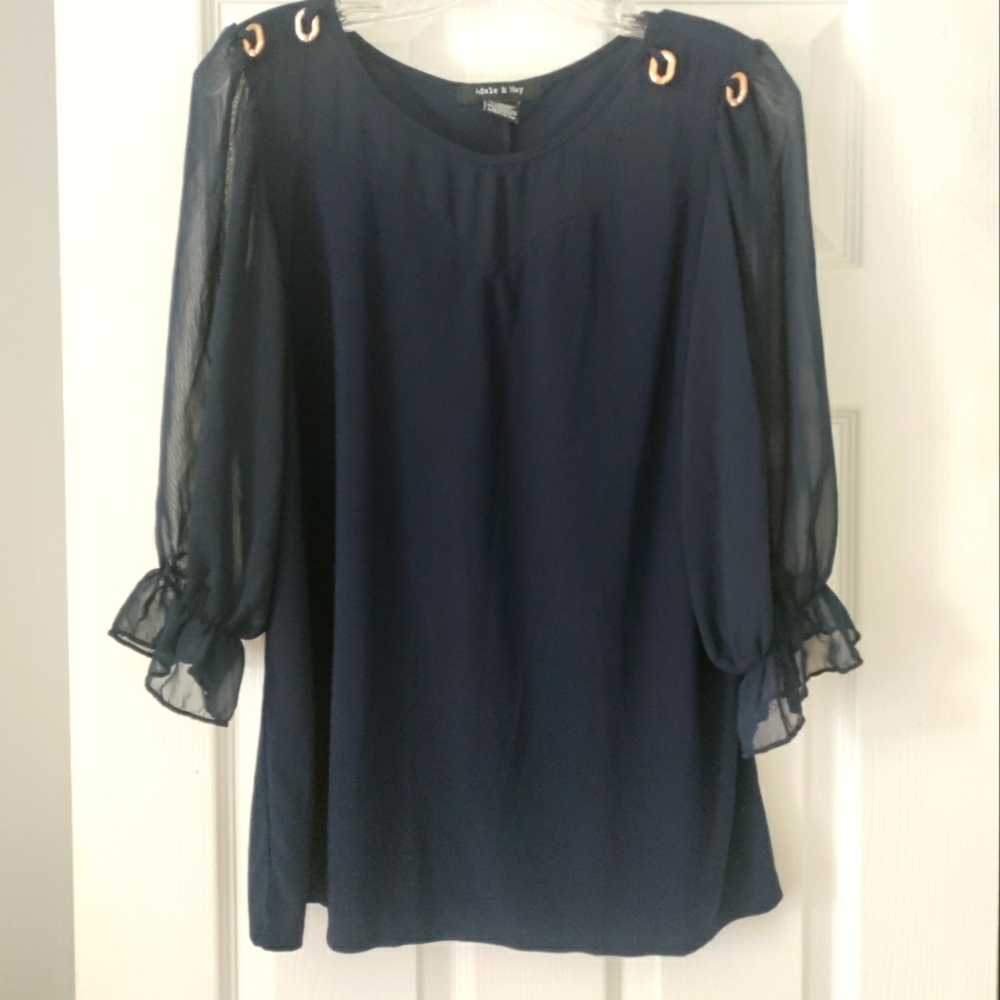 Adele And May Navy Blue Tunic With Sheer Sleeve size: XL